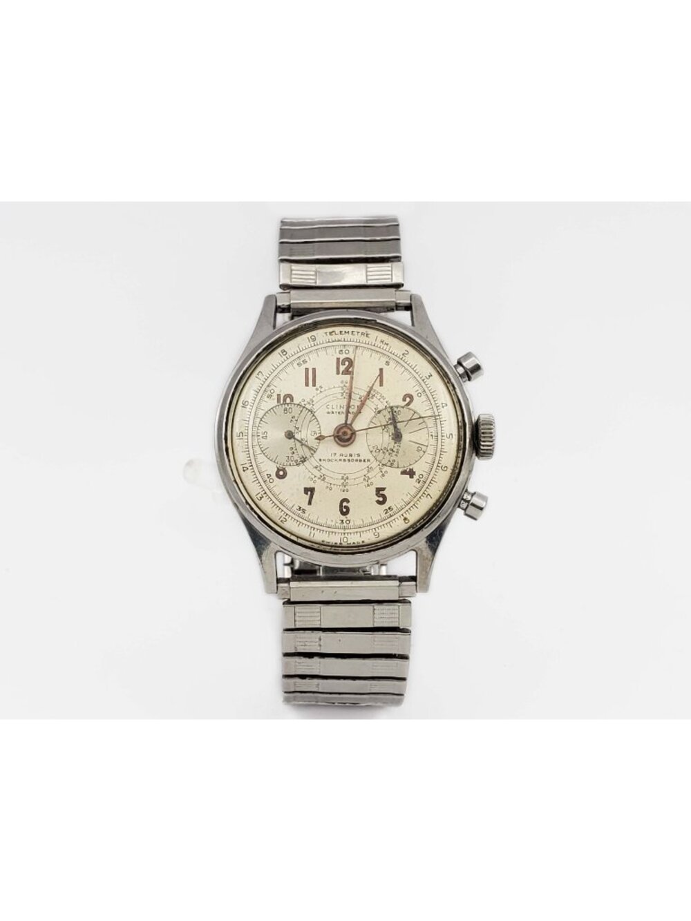 Vintage Clinton Chronograph Watch 17 Rubies Stainless Steel Speidel Stretch Band